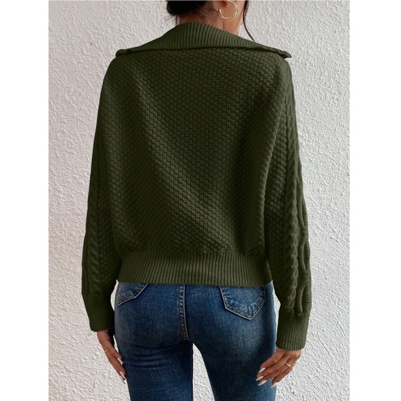 Army Green Cable Knit Zip Detail Pullover Sweater - Picture 5 of 7